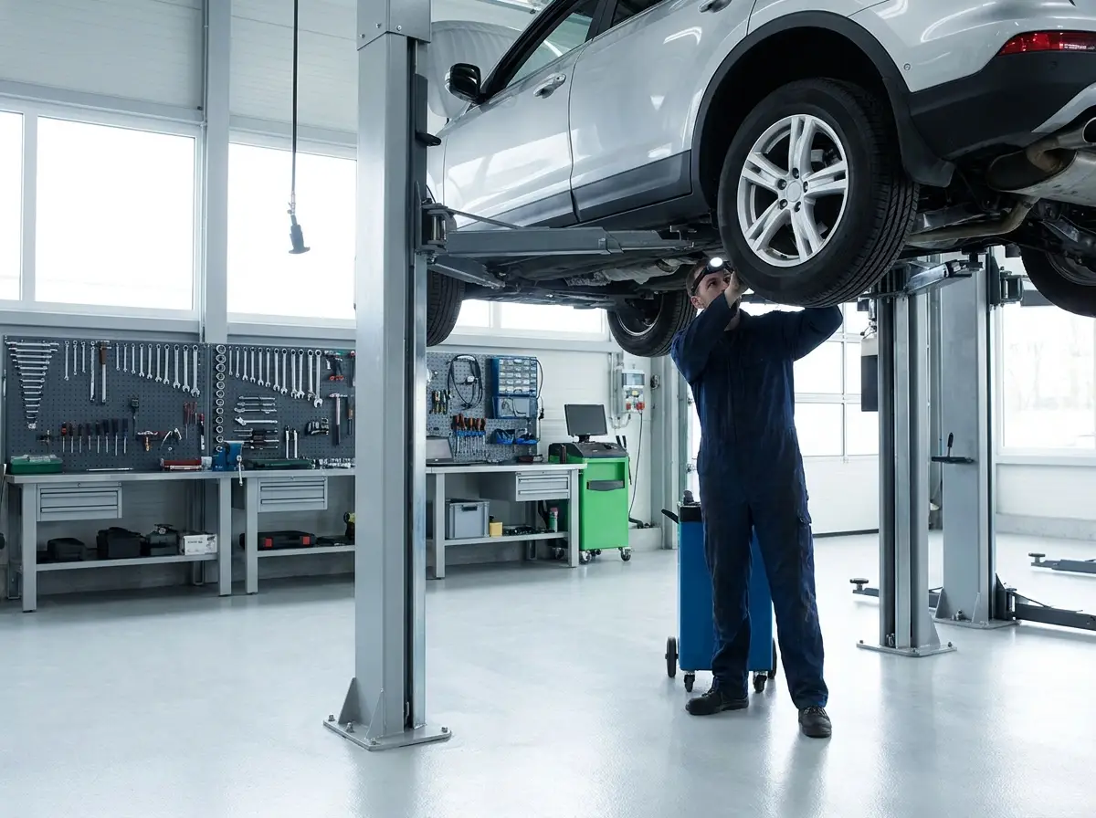 Technician working under a vehicle on the lift