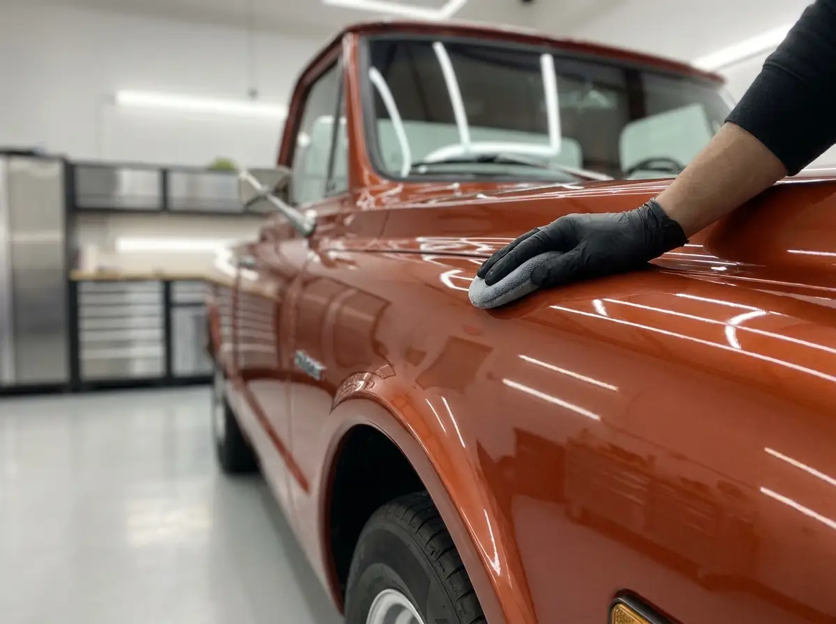Hand-polishing a burnt-orange truck fender