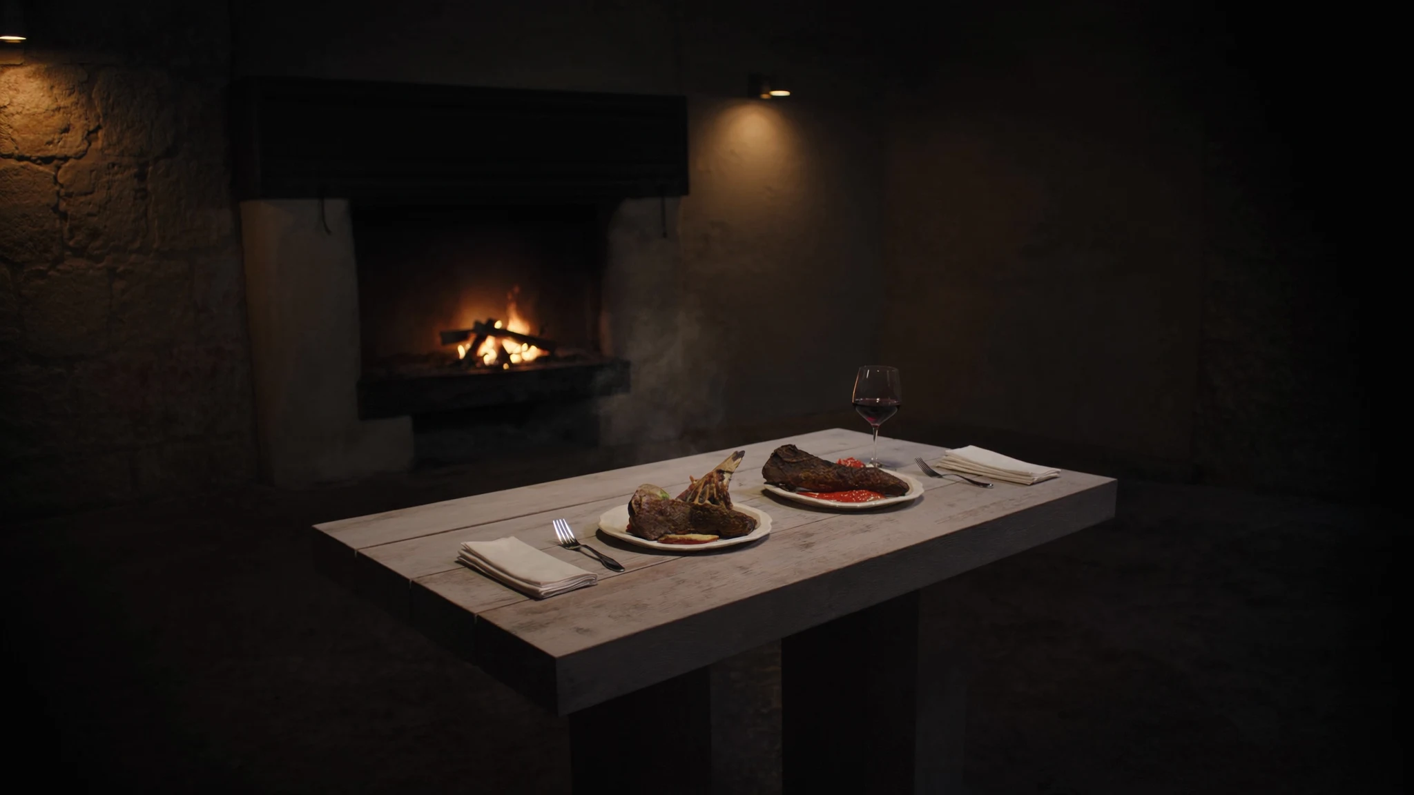 A wood-fired steak resting over glowing embers in the Emberhollow kitchen