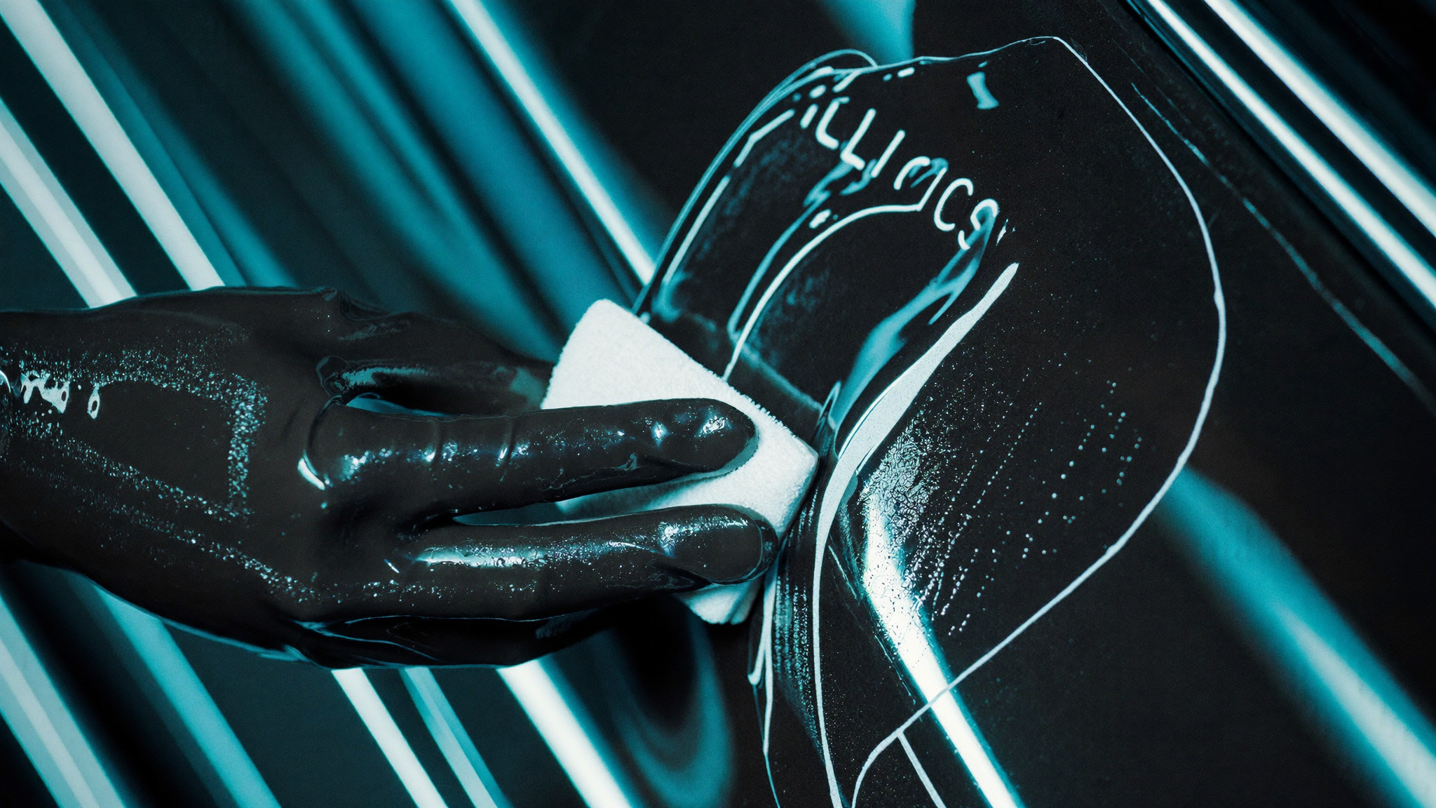 A detailer applying ceramic coating to a car panel with an applicator, the surface gleaming under work lights
