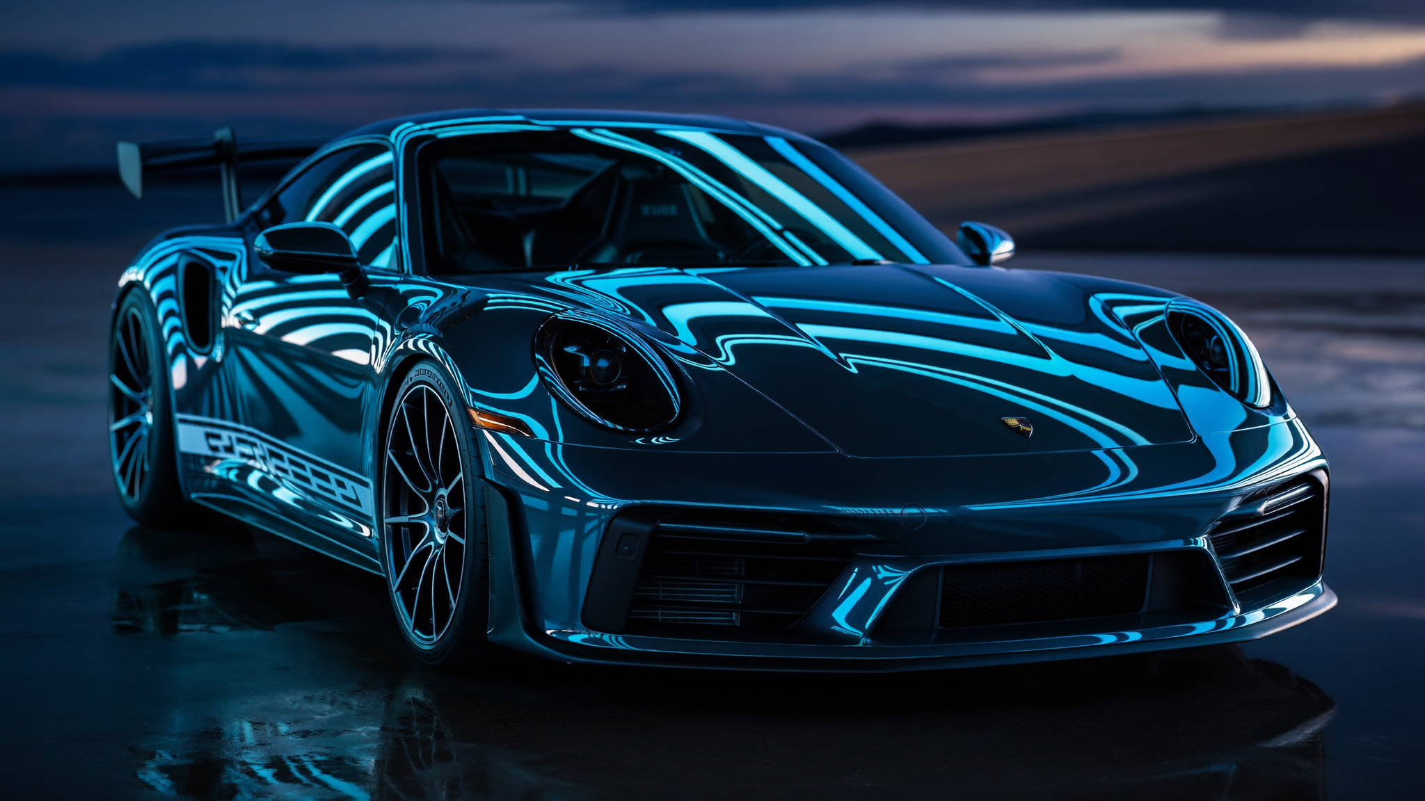 A freshly detailed dark sports car with a deep glossy finish reflecting light on a driveway at dusk