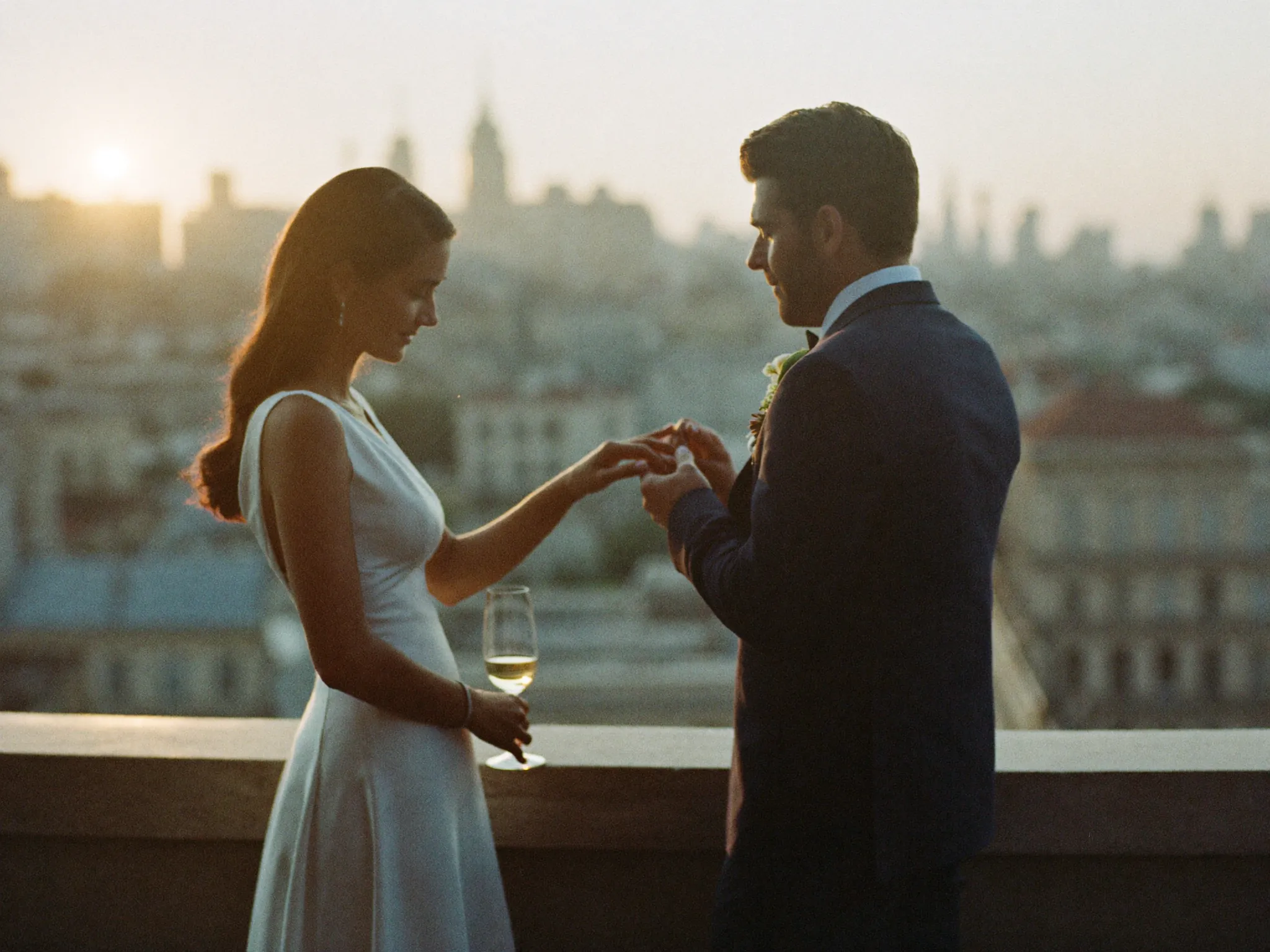 Couple sharing a moment on the terrace at golden hour