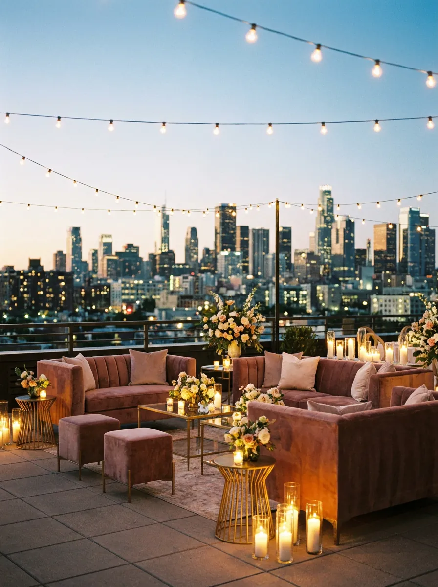 The city skyline glowing at dusk beyond the rooftop