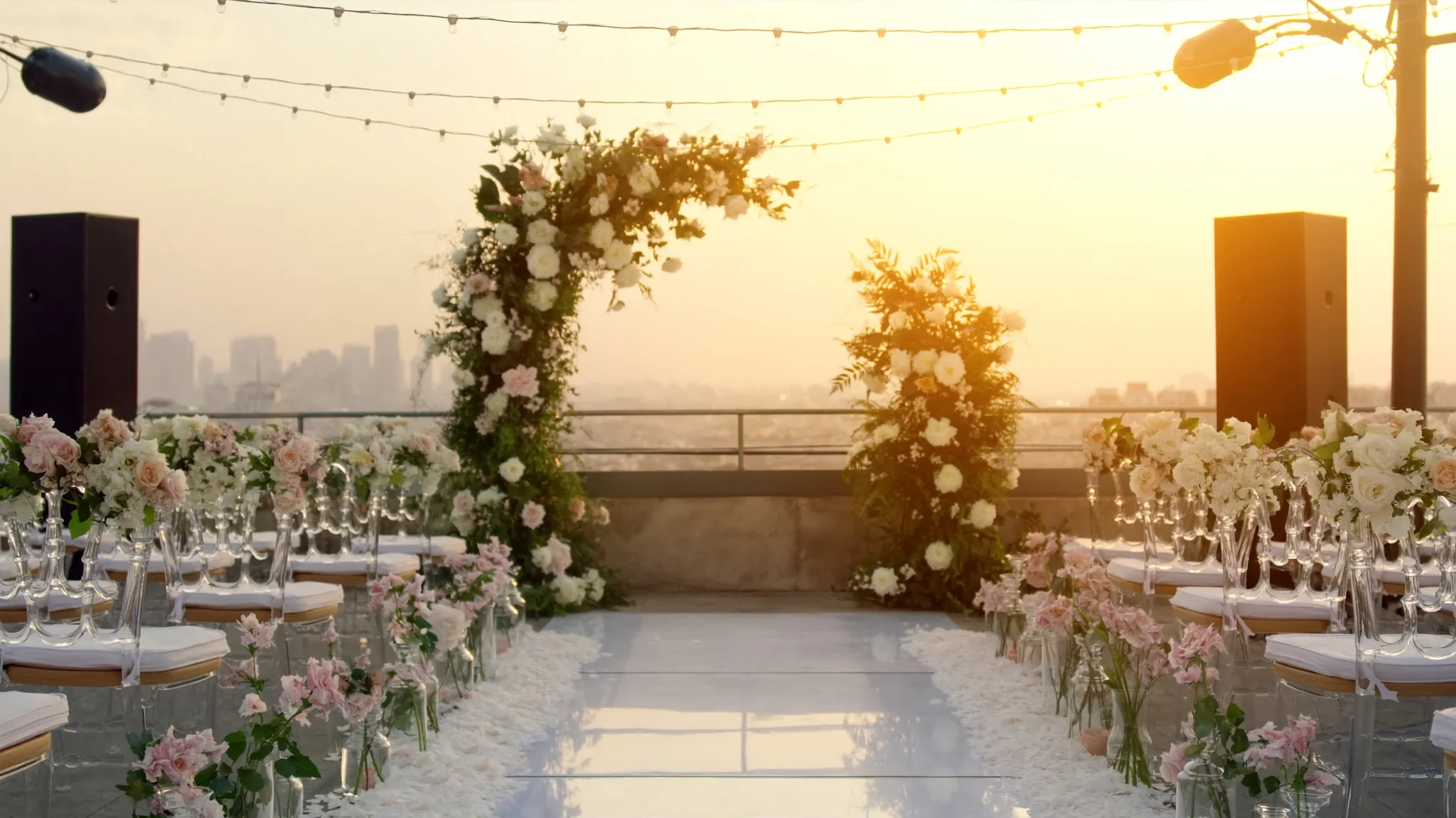 Rooftop wedding ceremony at golden hour above the city skyline