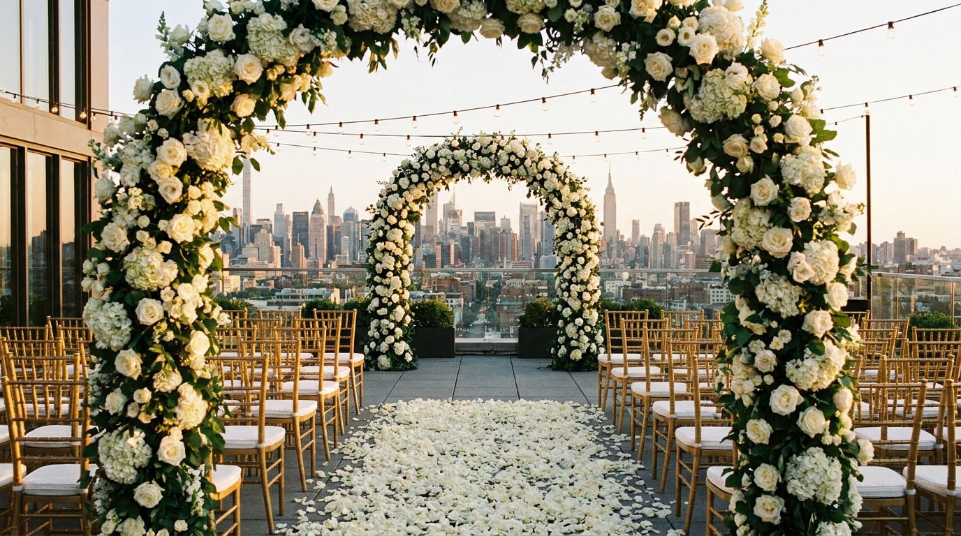Rooftop wedding ceremony at golden hour