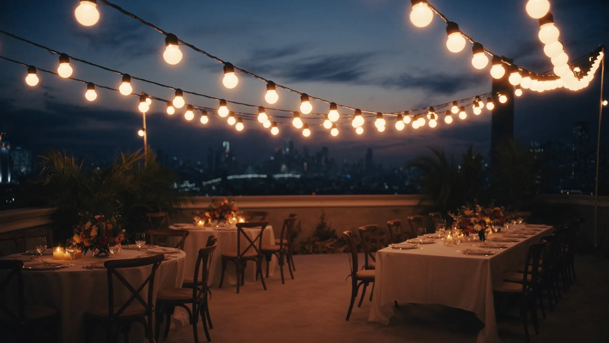 Reception terrace under string lights with the night skyline beyond
