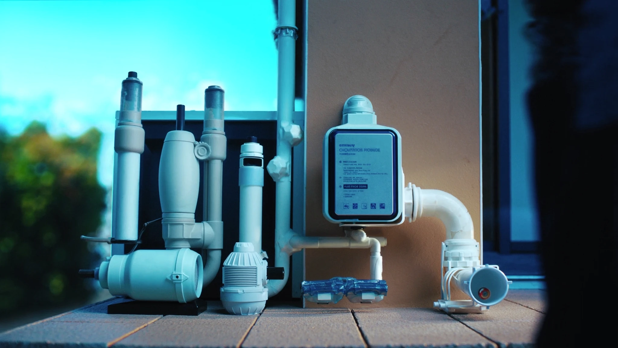 Pool pump and filter equipment arranged neatly on a poolside deck