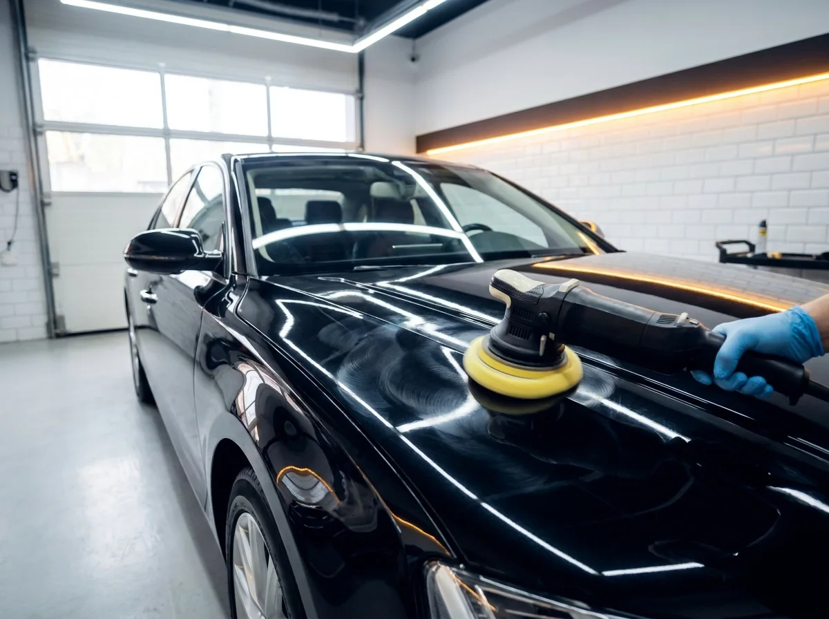 Gloved hands buffing a black sedan's hood to a mirror finish
