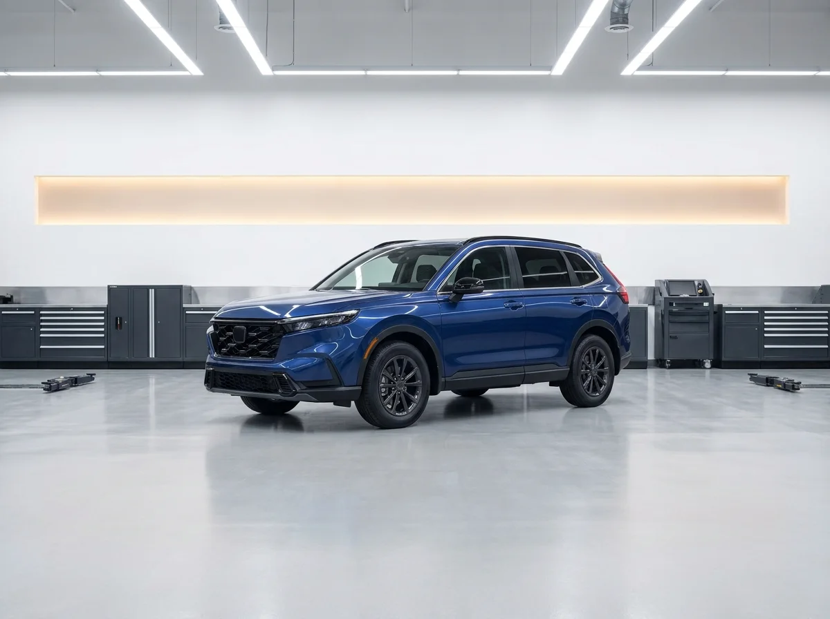 A clean dark blue compact SUV in the service bay