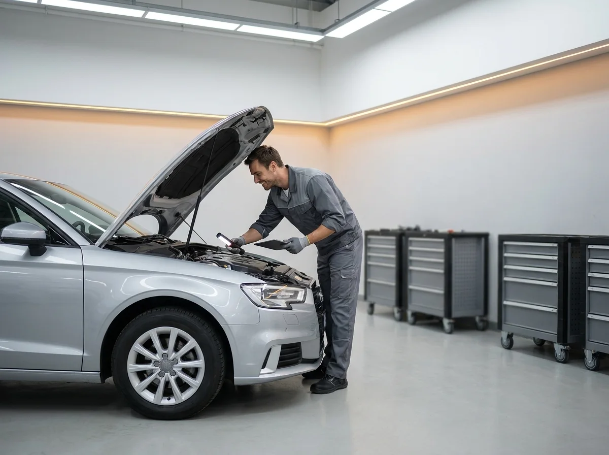 A technician inspecting the open engine bay of a sedan