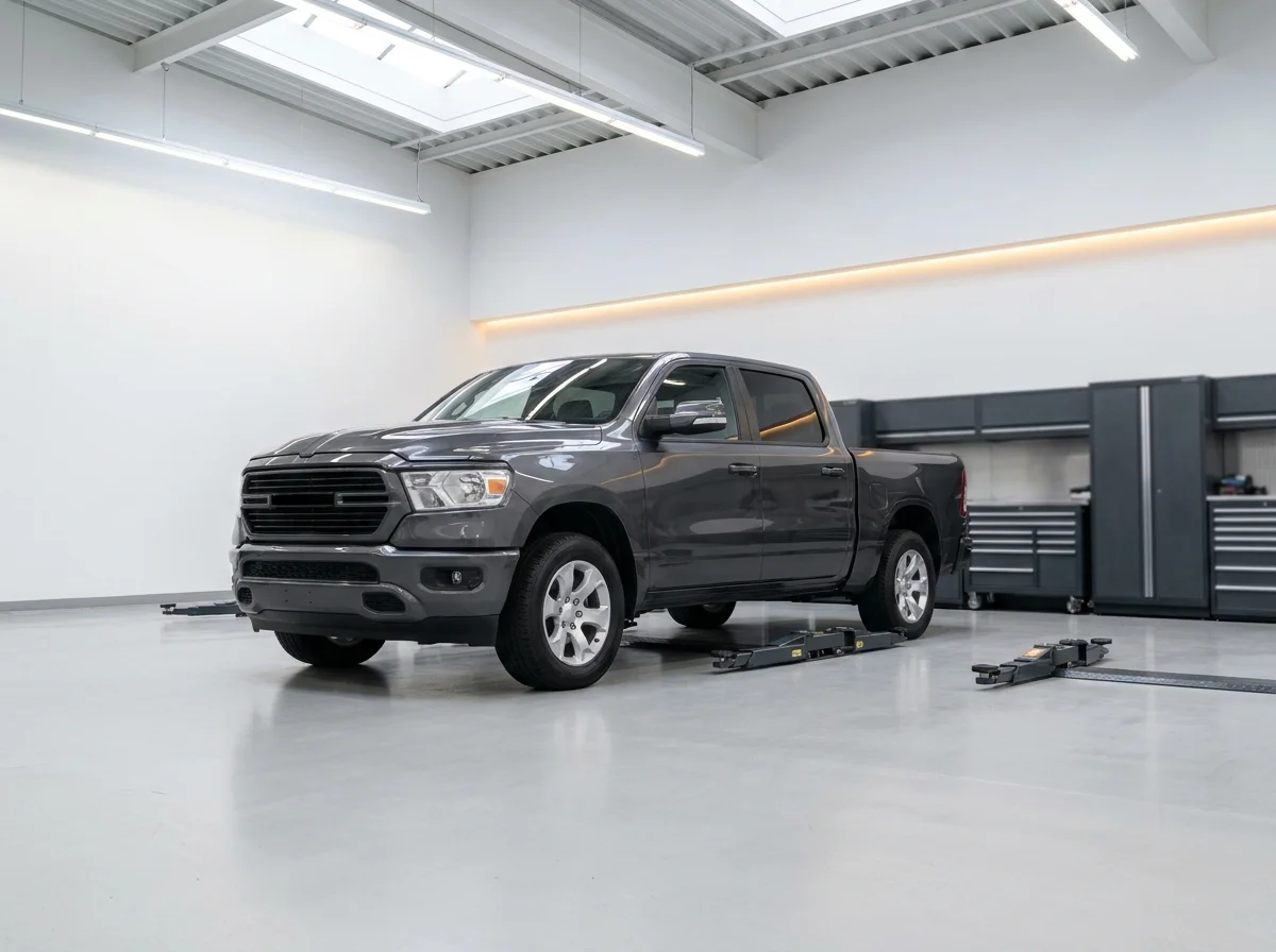 A grey full-size pickup truck in the service bay